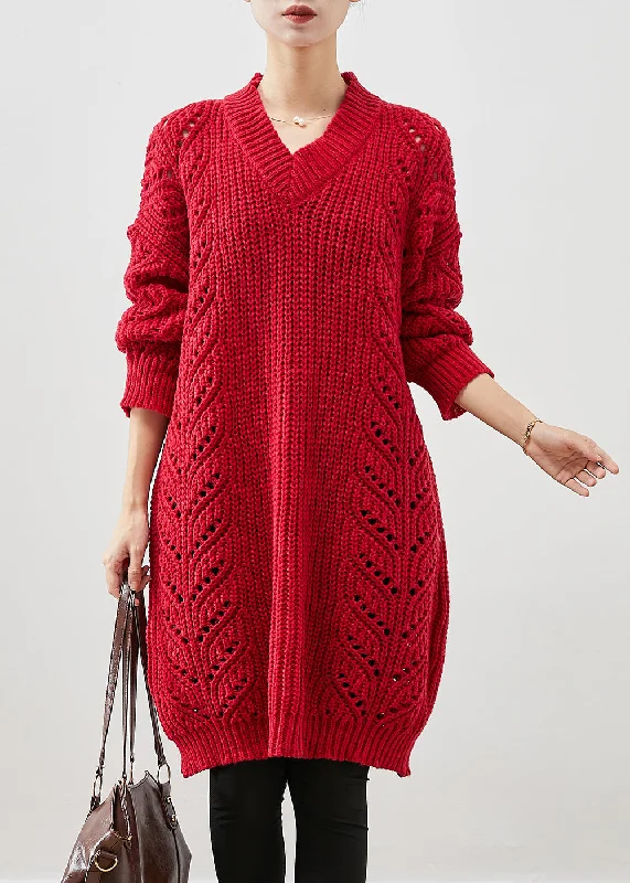 Women's Luxury Attire Holiday Sale Style Red Oversized Hollow Out Knit Sweater Dress Winter