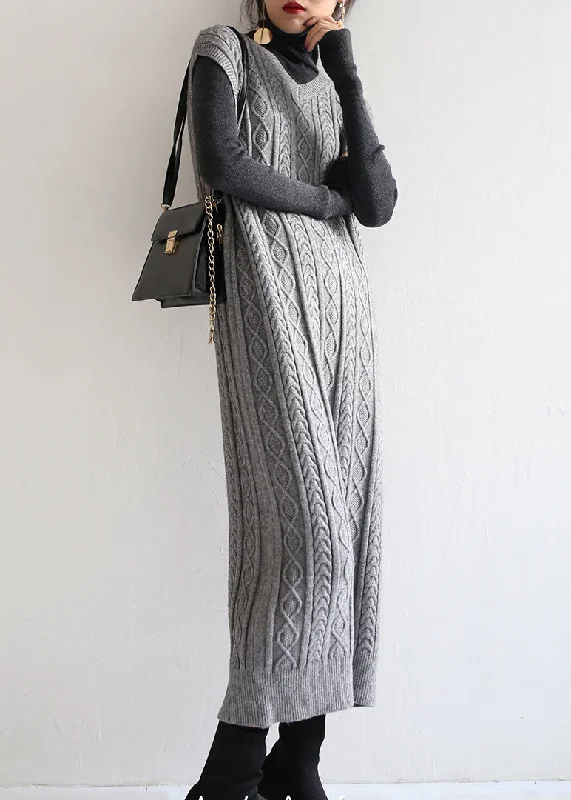 Women's Occasion Wear Clothing Classic Appeal Modern Grey V Neck Cable Long Knit Waistcoat Sweaters Dress Fall