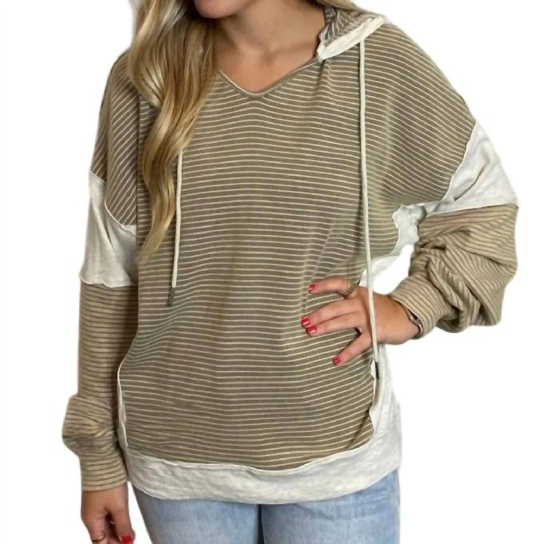 Women's Comfy Attire For Lounging Runway Inspired Wear Striped V-Neck Hoodie In Mushroom