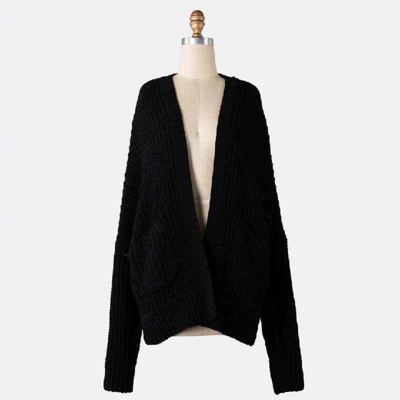 Women's Classic Attire Elevated Style Chenille Cable Knit Cardigan (Black)