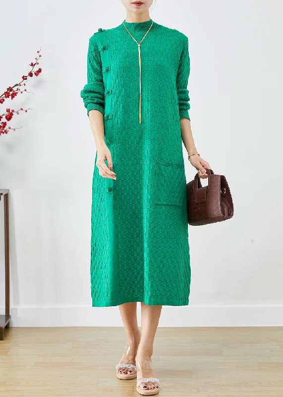 Women's Romantic Outfit Romantic Date - Night Ensemble Simple Green Stand Collar Chinese Button Knitwear Dress Fall