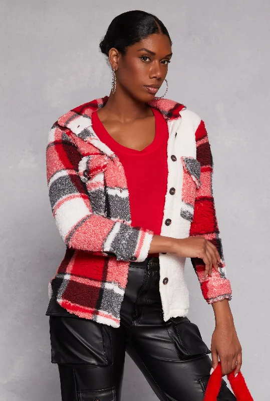 Women's Clothing Apparel Sets Chic Urban Fashion Look Plaid Sherpa Shacket