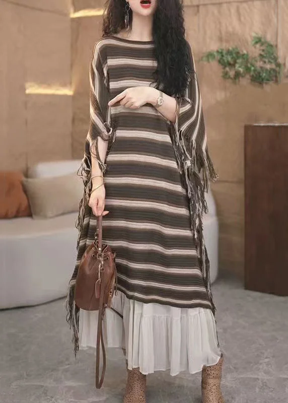 Women's Clothing For Outdoor Events Sleek Design Loose Striped Tasseled Patchwork Knit Long Dresses Fall