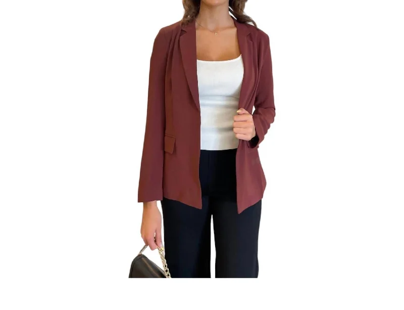 Modern Women's Outfit Feminine Charm Long Sleeve Pocket Blazer In Burgundy