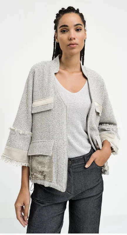 Women's Relaxed Outfit Chic Outfits Access Fashion Silver Tweed Jacket With Sequin Detail