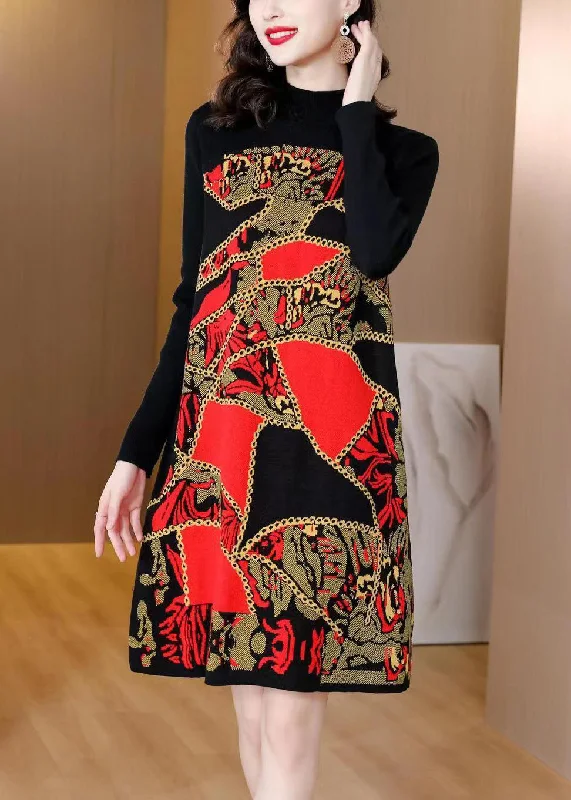 Women's Comfortable Lounge Garments Latest Trends Beautiful Red Print Patchwork Cotton Knit Mid Dress Winter