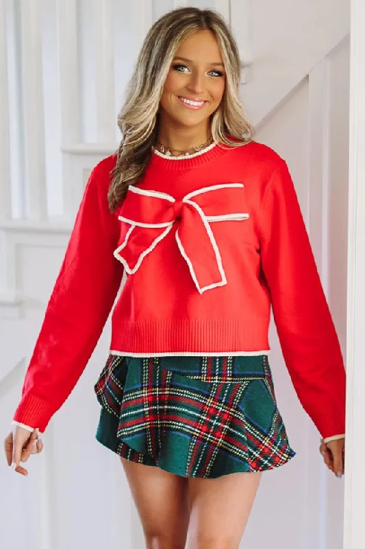 Women's Professional Outfit Urban Femme Streetwear That Bow Thought Knit Sweater - Red and White