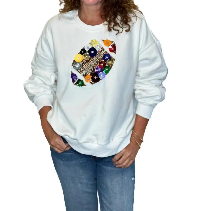 Women's Workout Clothing Graceful Movement Rainbow Floral Football Sweatshirt In White