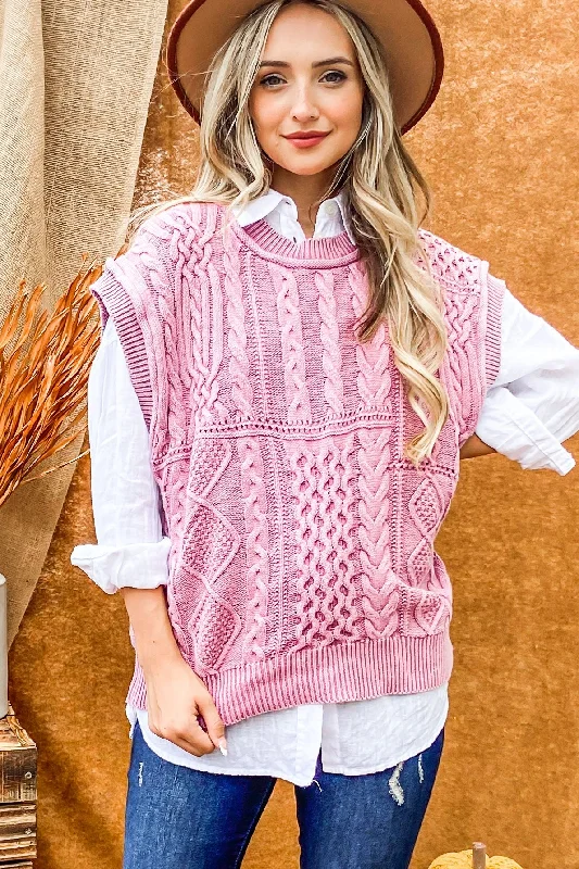 Women's Travel Garments Y2K Nostalgic Fashion Look Washed Cable Knit Sweater Vest (Mauve)