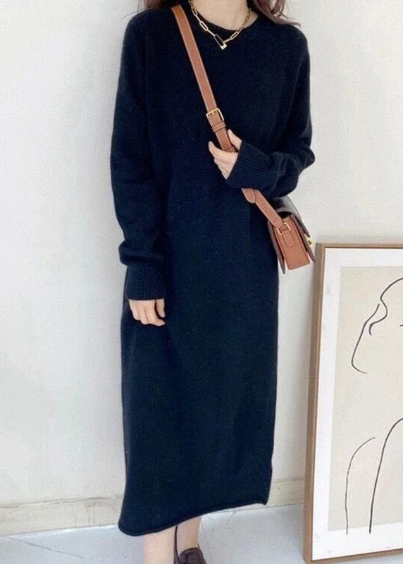 Women's Tops And Clothing Feminine Elegant Black O-Neck Maxi Cashmere Knit Dress Long Sleeve