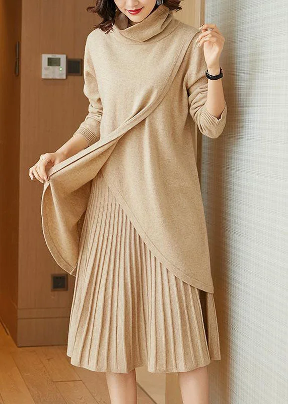 Elegant Clothing For Women Women’S Urban Fashion Casual Beige Turtle Neck Asymmetrical Design Knit Two Piece Set Winter