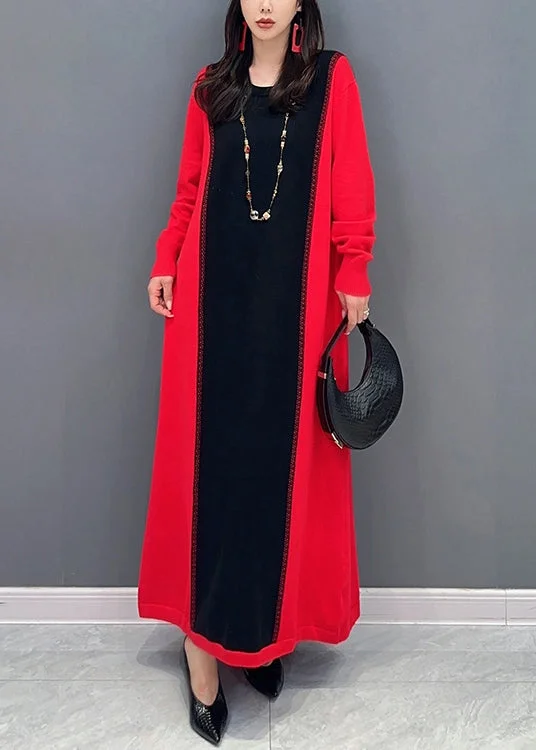 Comfortable Women's Attire Limited - Stock New Red O Neck Patchwork False Two Pieces Cotton Knit Long Dresses Fall