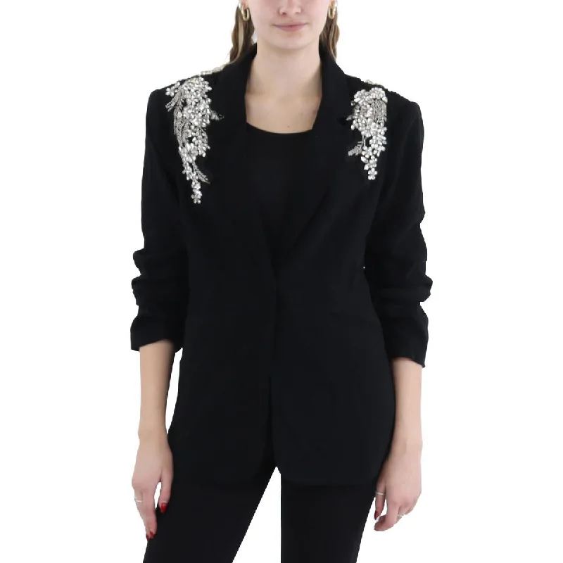 Affordable Women's Garments Lighten Up With Nordic Styles Womens Embellished Ruched Sleeves One-Button Blazer