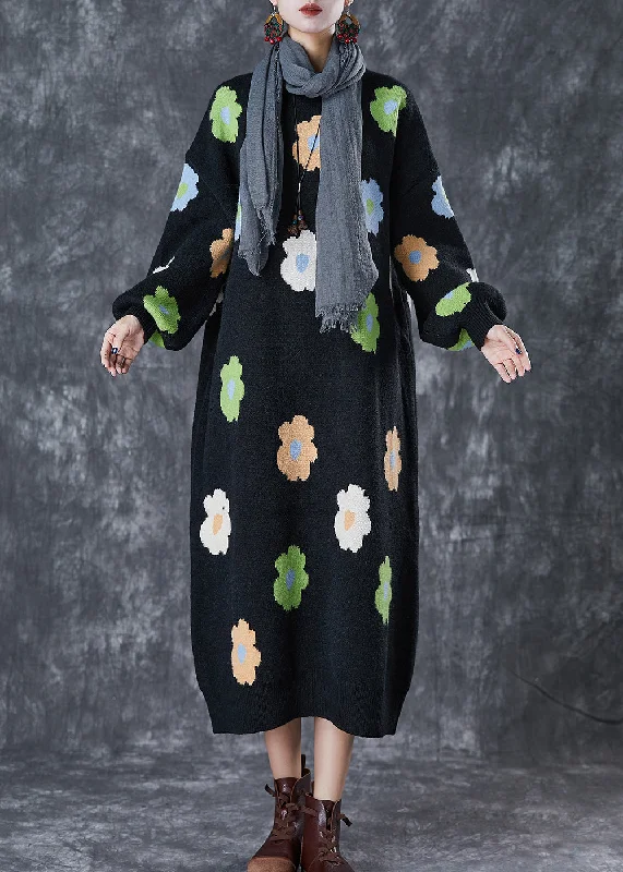 Classic Women's Clothing Styles Timeless Elegant Stylish Black Oversized Floral Knit Long Dress Fall