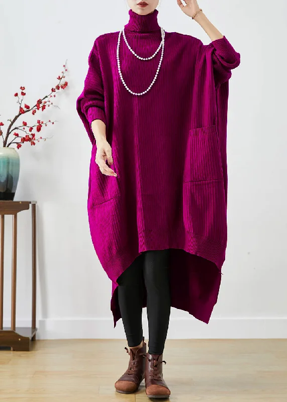 Women's Casual Clothing For Lounging Modern Glamour Purple Oversized Knit Sweater Dress Turtle Neck Asymmetrical Batwing Sleeve