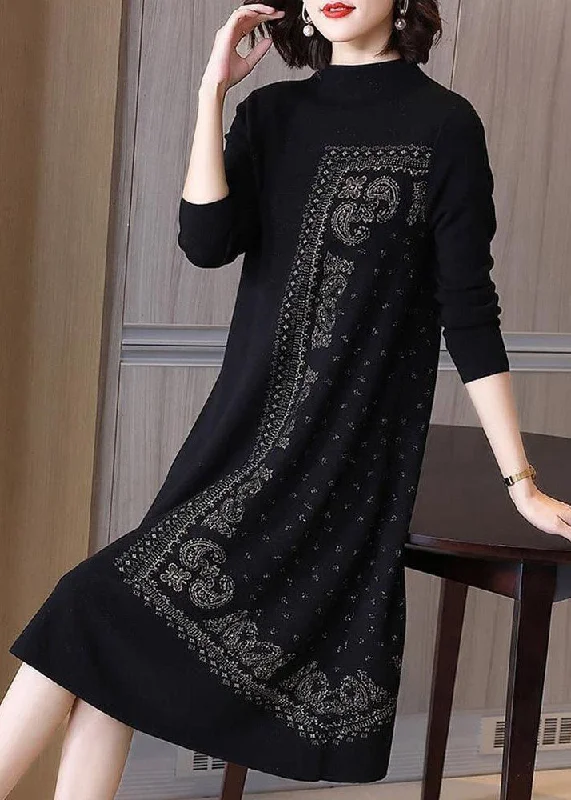 Fashionable Women's Clothing Relaxed Style French Black High Neck Jacquard Wool Maxi Dresses Spring