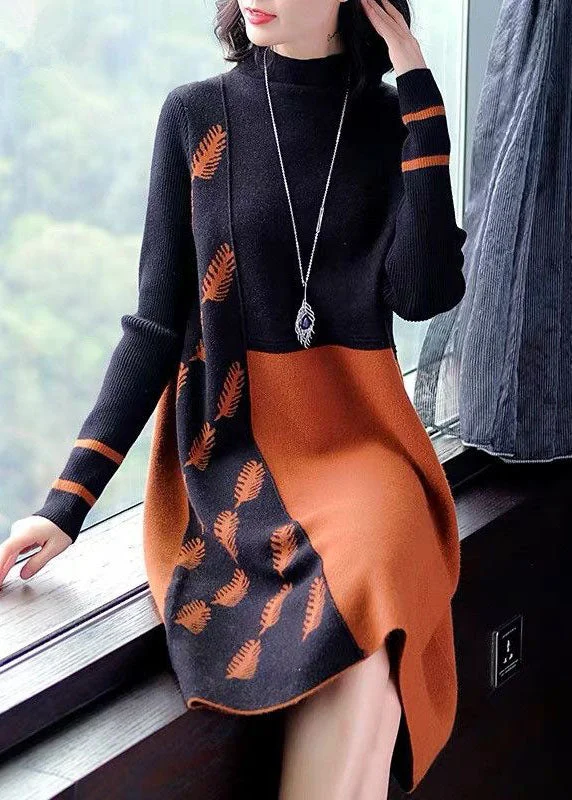 Women's Outerwear Clothing High-End Women’S Wear Beautiful Black Brown Stand Collar Patchwork Jacquard Knitwear Dress Winter