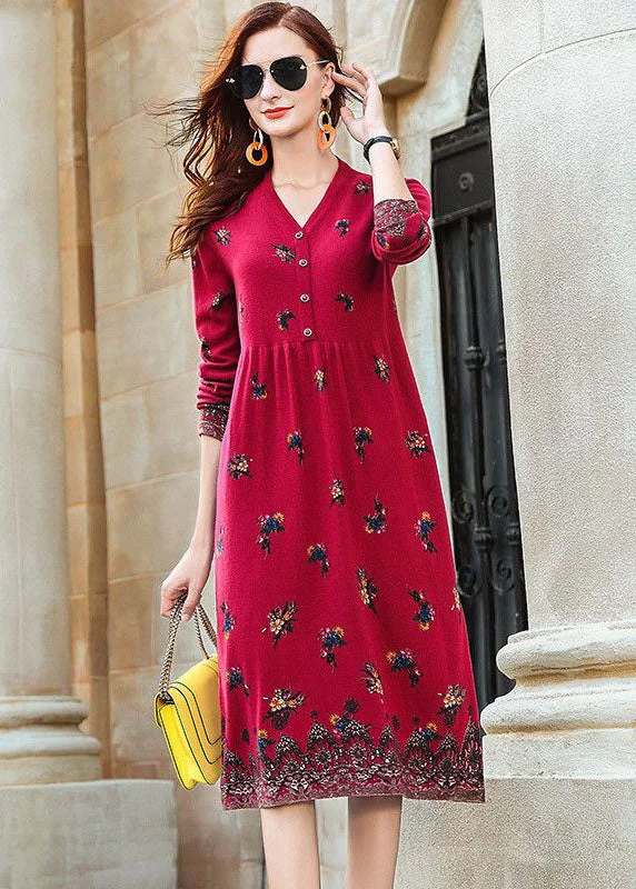 Women's Trendy Clothing Trendy Street Style Fashion Red V Neck Print Knit Long Dresses Spring