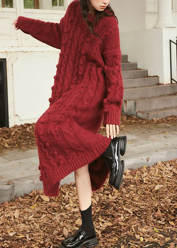 Women's Stylish Professional Garments Day-To-Night Styles Natural Purplish Red O-Neck Cable Cotton Knit Sweater Maxi Dress Long Sleeve