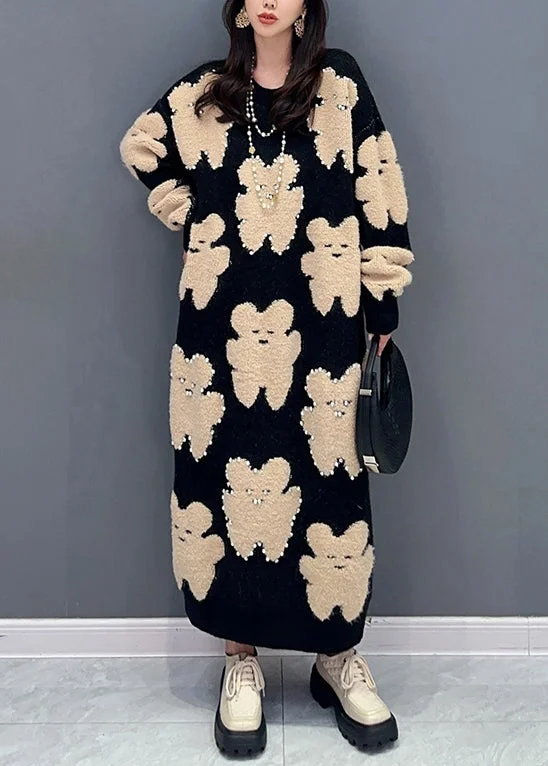 Women's Comfortable Lounge Attire Limited Quantities Handmade Black O Neck Little Bear Nail Bead Cotton Knit Long Dresses Fall