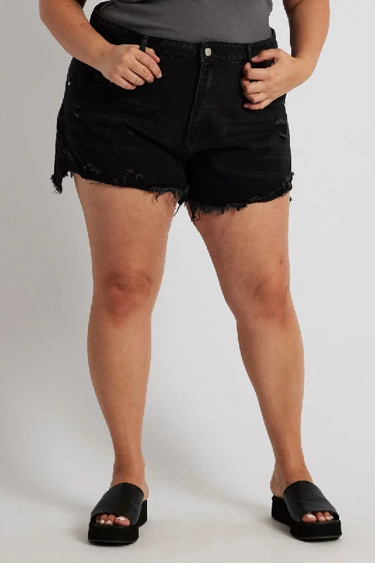 Women's Everyday Apparel Graceful Movement Black Relaxed Denim Shorts High Rise