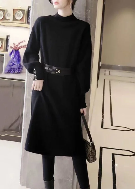 Women's Seasonal Wardrobe Clothing Flowing Silhouette Elegant Black Stand Collar Tie Waist Patchwork Knit Sweater Dress Fall