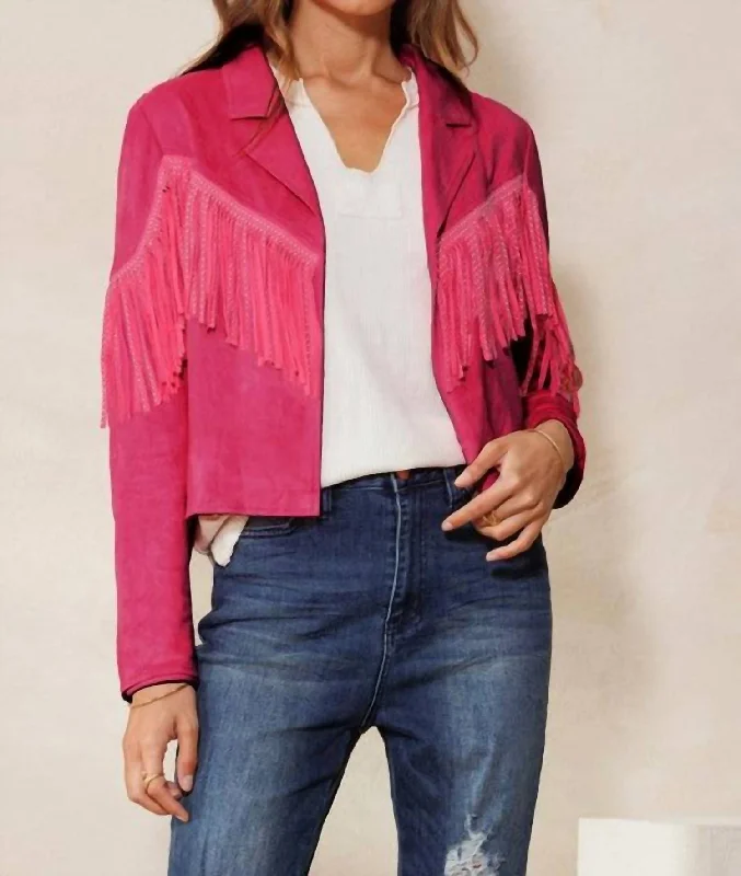 Women's Clothing For Holiday Travel Sale Event, Prices Rock Cropped Fringe Jacket In Bubble Gum