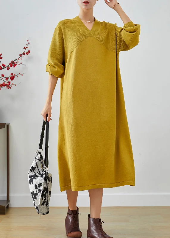 Women's Weekend Outfit Playful Elegance Style Yellow V Neck Patchwork Knit Holiday Dress Fall