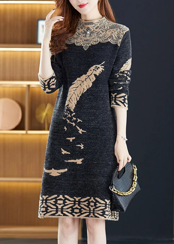 Women's Classic Attire Great Prices On Feminine Styles Italian Black Jacquard Patchwork Mink Hair Knitted Dresses Winter