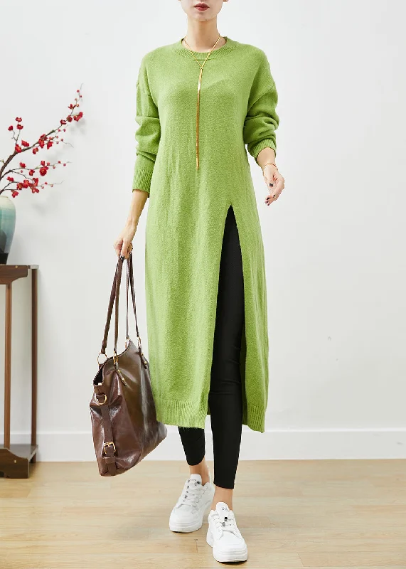 Women's Work Outfit Urban Sophistication Grass Green Oversized Knit Sweater Dress Side Open Fall