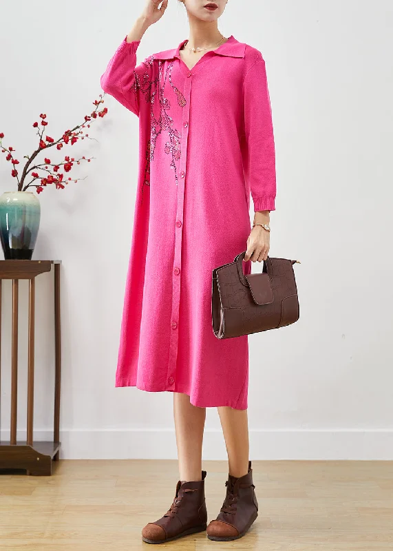 Sustainable Fashion Clothing For Women Statement Piece Italian Rose Print Button Down Knit Long Dress Fall