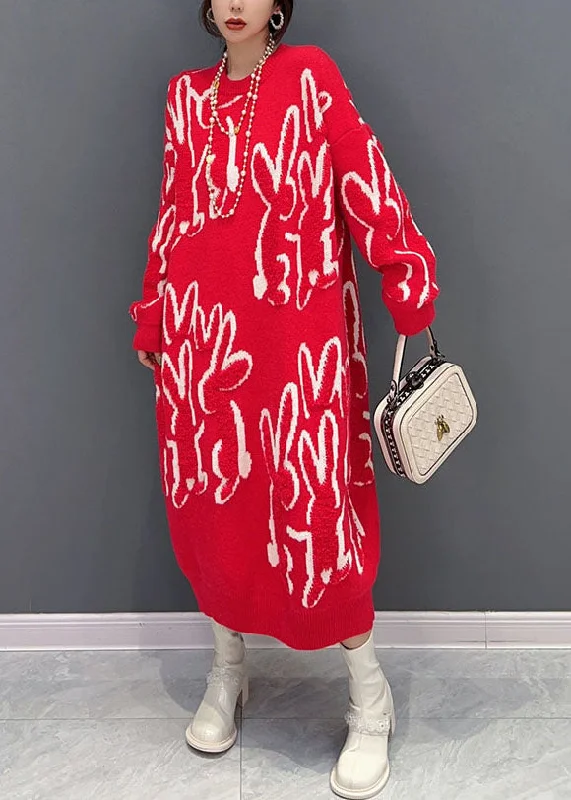 Women's Transitional Clothes Fashionista Favorites Boho Red O Neck Animal Jacquard Knit Sweater Dress Winter