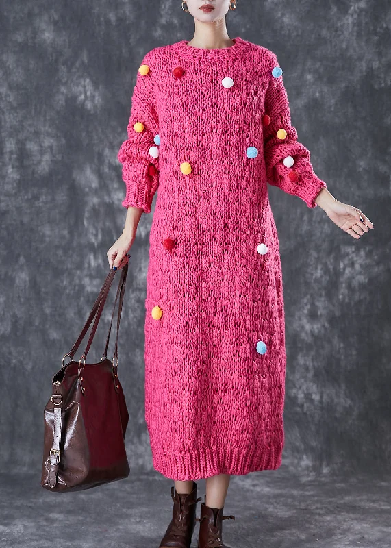 Women's Outdoor Activity Garments Chic Styles Italian Rose Fuzzy Ball Decorated Knit Long Sweater Dress Winter