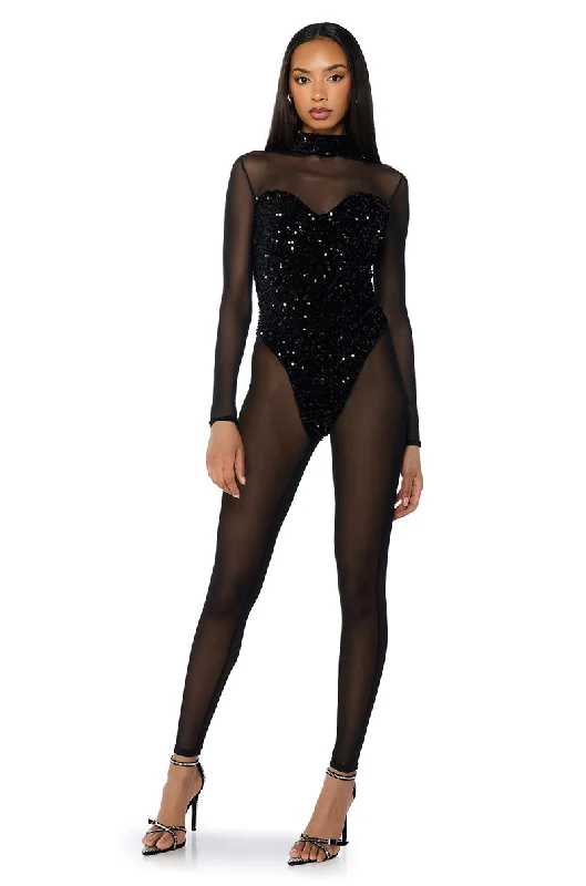 Women's Travel Apparel Soft Textures BAD GIRL SEQUIN MESH JUMPSUIT IN BLACK