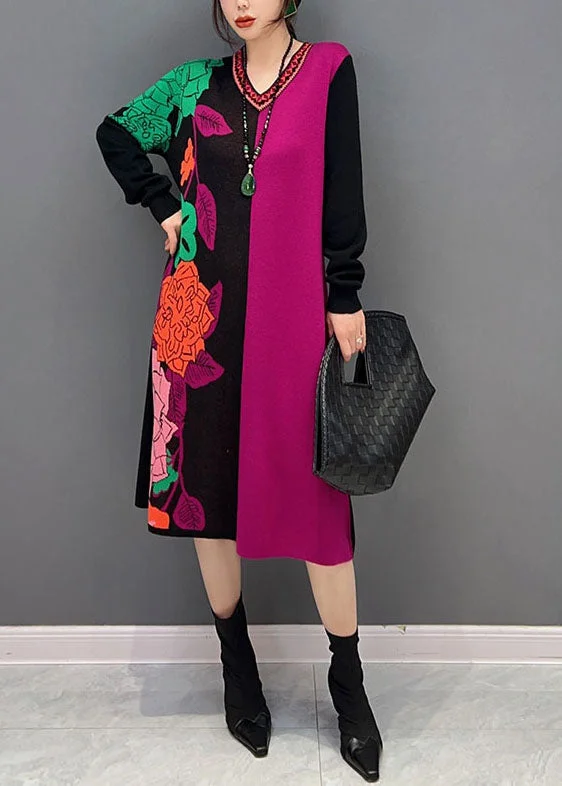 Women's Elegant Clothes Season Sale Vogue Colorblock V Neck Patchwork Print Knit Dress Winter