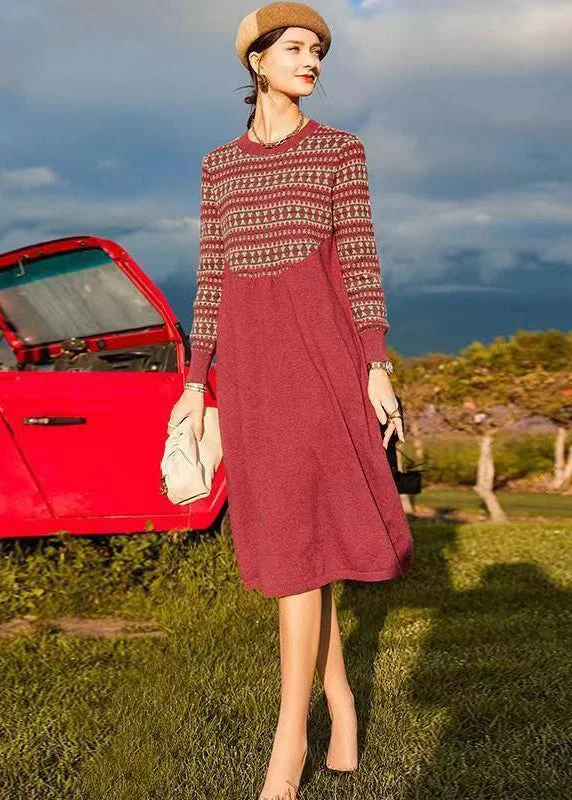 Women's Layered Outfit Refined Simplicity Organic Red O Neck Print Patchwork Woolen Dresses Winter