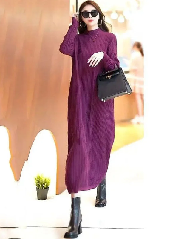 Women's Workout Clothing Casual Chic Classy Purple Stand Collar Solid Color Knit Long Sweater Dress Spring