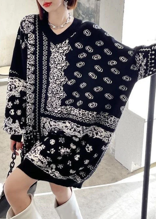 Comfortable Lounge Clothing Trendy Women’S Wear Bohemian Black V Neck Oversized Print Knit Sweater Dress Winter