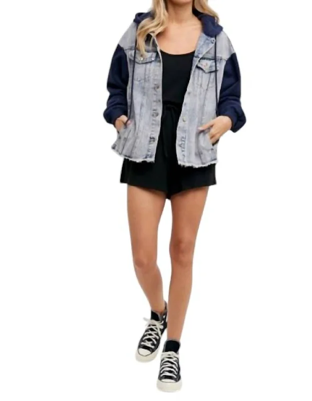 Women's Travel Attire Catch Every Fashion Trend Denim Contrast Hoodie Jacket In Navy