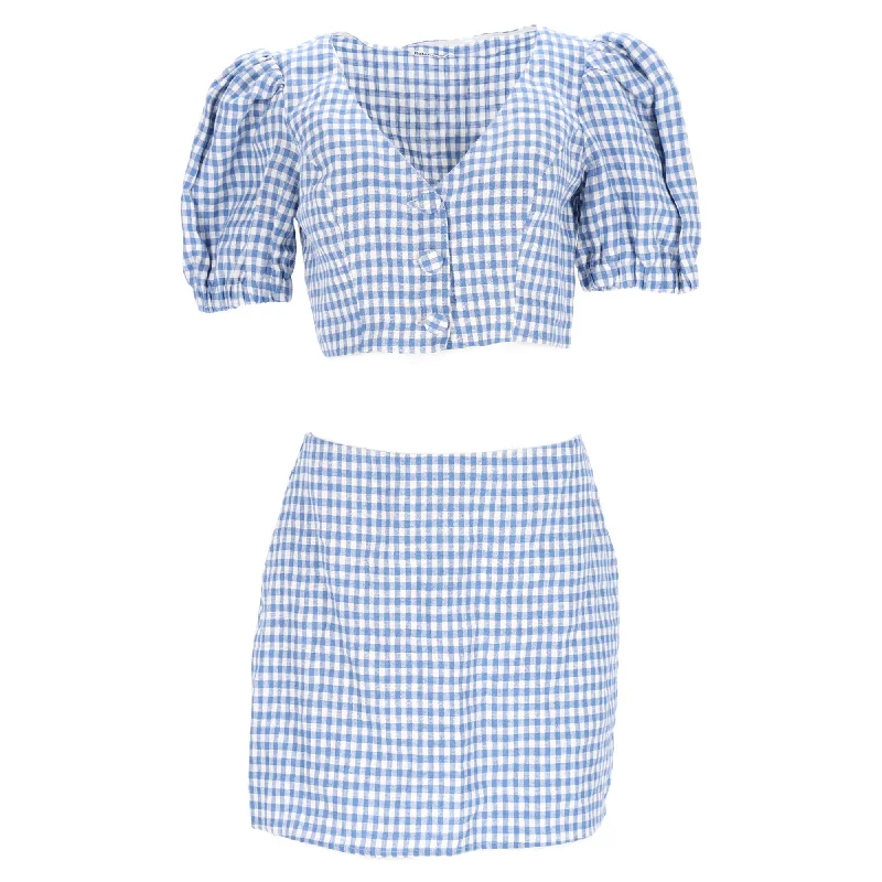 Women's Relaxed Outfit Timeless Elegance Redefined Reformation Ethel Two Piece Top and Mini Skirt Set in Light Blue Linen