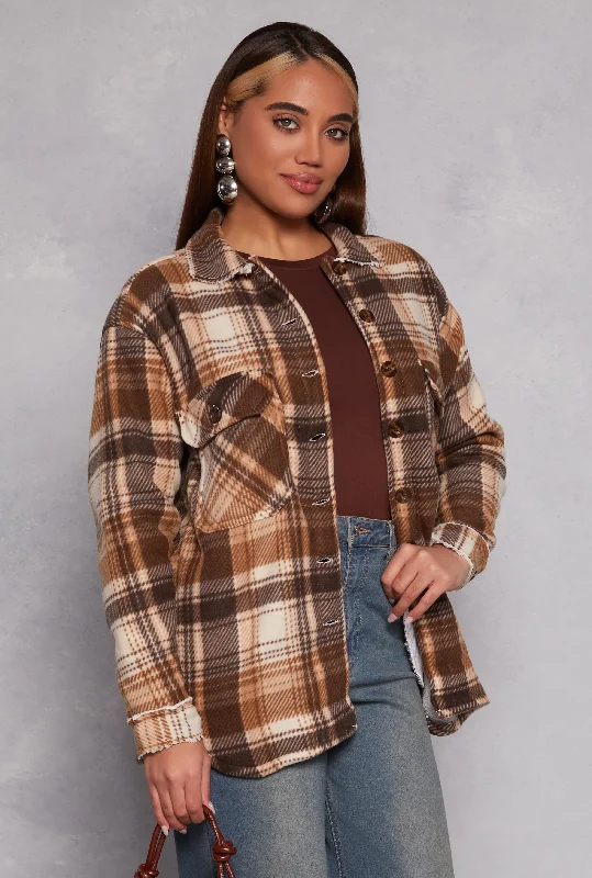 Modern Women's Apparel Tropical Island - Inspired Attire Plaid Sherpa Lined Button Front Shacket