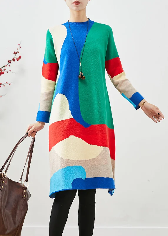 Women's Holiday Clothing Luxury Style French Colorblock Painting Prints Knit Party Dress Fall