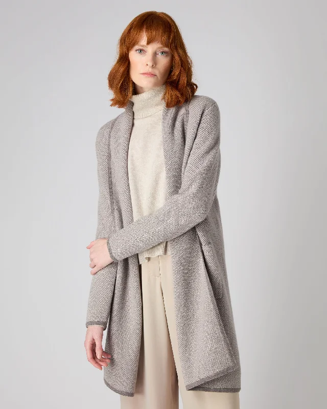 Women's Work Apparel Last Chance Sale Women's Herringbone Long Cashmere Cardigan Taupe Brown