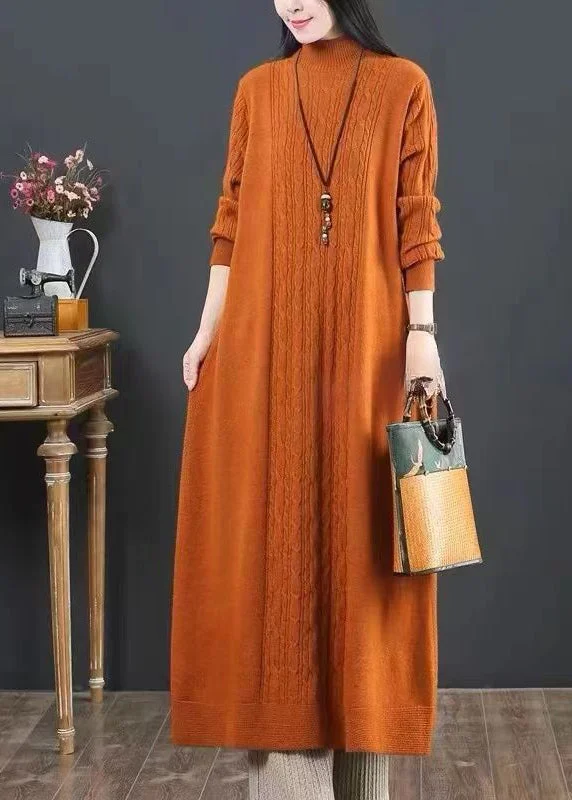 Women's Vacation Garments Limited Styles Women Orange Turtleneck Patchwork Knit Dresses Winter