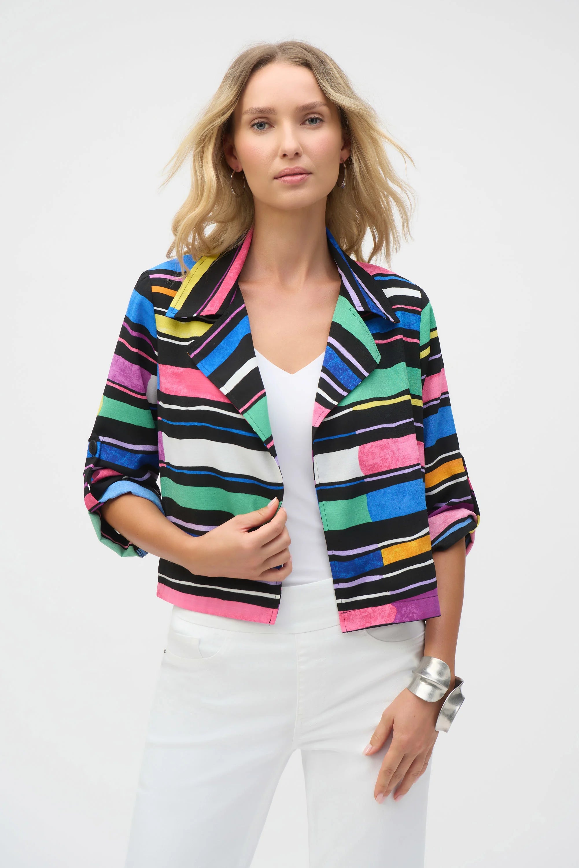 Women's Classic Attire Feminine Elegant Joseph Ribkoff Black/Multi Gauze Stripe Print Short Boxy Blazer