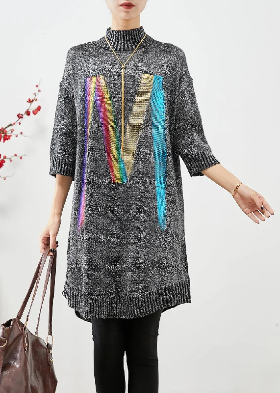 Formal Outfit For Women Elegant Details Chic Grey Stand Collar Sequins Knit Sweater Dress Half Sleeve