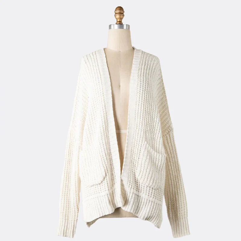 Women's Resort Apparel Spring Fashion Chenille Cable Knit Cardigan (Ivory)