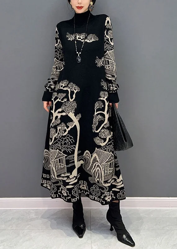 Women's Comfortable Clothes For Weekends Big Savings Chinese Style Black Hign Neck Print Knit Dresses Winter