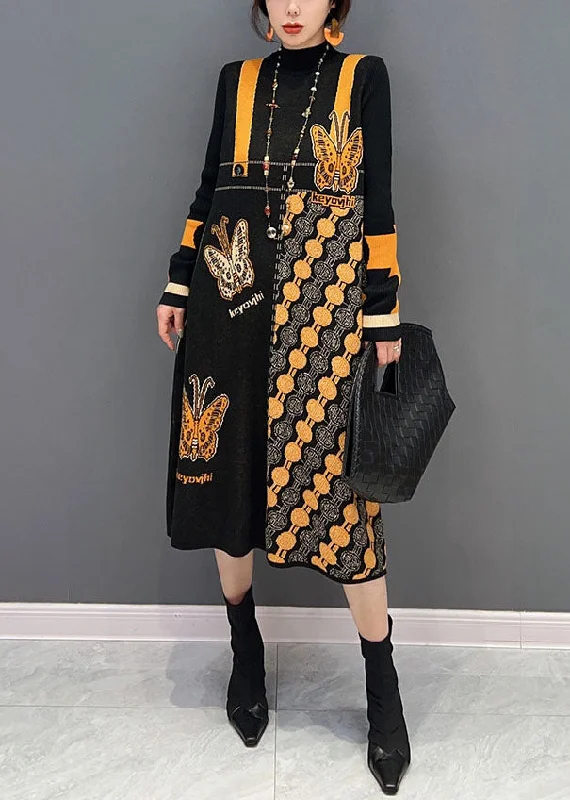 Women's Plus-Size Clothes Seasonal Sale Slim Fit Colorblock Hign Neck Print Patchwork Long Knit Dress Winter