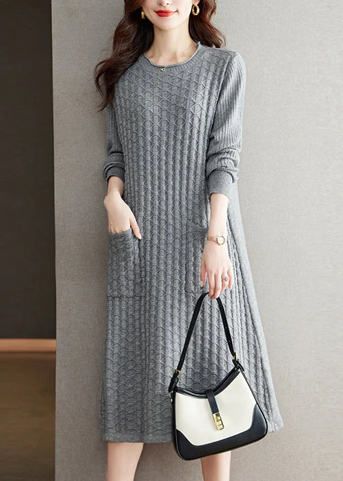 Women's Trendy Attire Early Access To Art Deco Styles Sale Loose Grey O Neck Pockets Patchwork Woolen Dress Fall